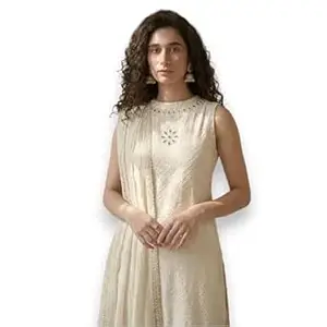 laxurine Women's Embroidered Kurta Set with Dupatta, Off-White, Sleeveless Tunic with Straight Pants, Tassel Detail, Ethnic Wear