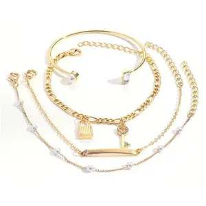 Shining Diva Fashion Latest Stylish 4pcs Multilayer Crystal Key Lock Bangle Bracelet for Women and Girls (sd14759b)