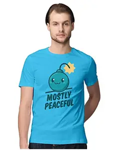 ALLEN BLACK Men's Regular Fit T-Shirt Mostly Peaceful 100% Cotton T-Shirt Sky Blue_MOSTPEAMEN-Sky Blue L Men Round_
