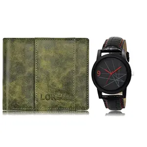 LOREM Combo of Black Wrist Watch & Green Color Artificial Leather Wallet (Fz-Wl18-Lr08)