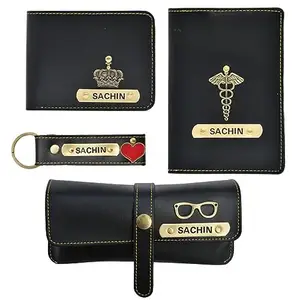 YOUR GIFT STUDIO Personalized All in One Men's Combo Gift (4 pcs) Customized Leather Wallets, Key Chain, Eyewear Case and Passport Cover with Name and Charm - Black