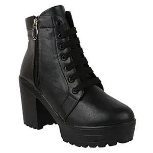 Shoetopia Women Black Zipper & Lace Up Block Heeled Boots