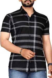 Men’s Black Striped Casual Shirt | Short Sleeve Button Down Cotton Blend Regular Fit | Stylish Summer Wear for Office, Party & Daily Use
