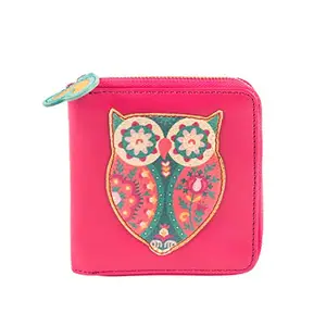 Chumbak Women's Mini Wallet |Owl Applique Collection | Vegan Leather Rectangle Wallet for Women | Ladies Purse with Button Lock |Card & Currency Slots with Transparent ID Window - Pink