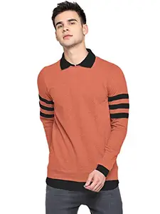 LEWEL Men's Cotton Collared Neck Self Design T-Shirt - Rust (Large)