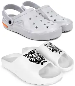 Pampy Angel Combo Pack of 2 Slipper/Flip Flops/Slides/Clogs/Sandals with Adjustable Back Strap for Men,(Cl-Tube-Grey,Y-Tyger-White),10 (UK/India)