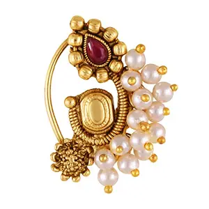 VFJ VIGHNAHARTA FASHION JEWELLERY Vighnaharta Gold Plated with Pearl Alloy and Artificial stone Non Piercing Maharashtrian Nath Nathiya./ Nose Pin valentine day gift valentineday gift for her gift for him gift for women gift for women {VFJ1166NTH-Press }