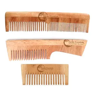Earthy Essentials Kacchi Neem Comb, Wooden Comb (Pack of 3) Hair Growth, Hairfall, Dandruff Control | Hair Straightening, Frizz Control | Comb for unisex | Treated with Oil | Handmade Neem Wooden Comb