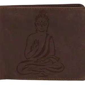 Karmanah Nirvana Engraved Genuine Leather Wallet. Dark Brown Colour and Added RFID Protection.
