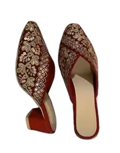 Women's Velvet Embroidered Mule Slippers, Black with Floral Design, Pastel Thread Work (Red, UK Footwear Size System, Adult, Women, Numeric, Medium, 5)