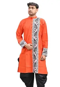 Men's Cotton Regular Fit Jamdani Long Kurta (XX-Large, Orange)