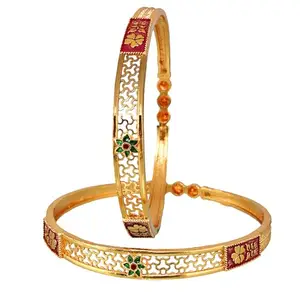 LUCKY JEWELLERY 18k One Gram Gold Plated Meenakari 1 Pair Bangles for Women & Girls| Traditional Floral Designer Kada Bracelet Bangle Set| Elegant Wedding & Casual Wear- Pack of 2 (430-R1BG-1443-2-24)