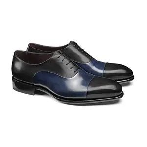 Costoso Italiano Belfort Men's Black and Navy Blue Leather Formal Lace Up Toe Cap Balmoral Oxford Dress Shoes