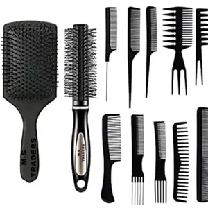M.S TRADERS M.S® TRADERS 12 Pieces Hair Brush Comb Set Paddle Hair Brush Detangling Brush, Including 1 Airbag Massage Comb,1 Roller Brush and 10 Hair Styling Comb for Wet, Dry, Curly and Straight Hair (Black)