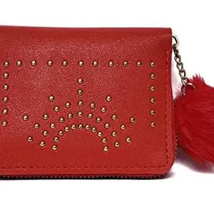 Lassie® Women's Faux Leather Mini Zipper Pocket Wallet Metal Studded 4 Card Slots 1 Coin Pocket(PREPOKSM) (red 4)