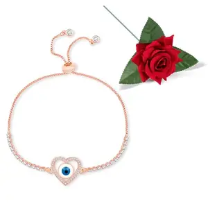 Peora Rose Gold Plated CZ Studded Evil Eye in Heart Adjustable Bracelet Valentines Gift for Women & Girls with Red Rose