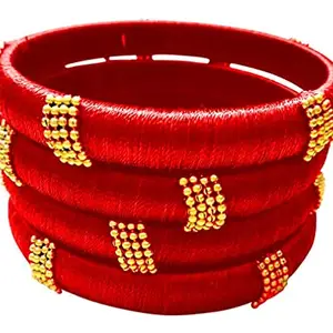HABSA HABSA Hand Craft Silk Thread Bangles with Stone Bangle Set for Women and Kundan Stones Set of 4 Bangles-red