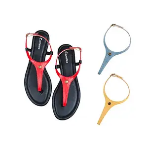 Cameleo -changes with You! Women's Plural T-Strap Slingback Flat Sandals | 3-in-1 Interchangeable Strap Set | Red-Leather-Light-Blue-Yellow