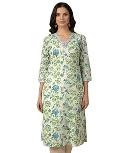 Kalaanj Women's Floral Printed Straight Fit Long Kurti |Comfortable Cotton Kurta | Everday Wear Casual Summer Kurtis