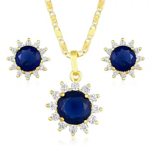 Peora Gold Plated Blue Cubic Zirconia Studded Pendant Chain Necklace & Stud Earrings Jewellery Gift for Women & Girls