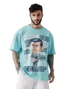 The Souled Store Official The Office: Michael Scott Men and Boys Oversized fit Graphic Printed Half Sleeve Cotton Sky Blue Color Men Oversized T-Shirts