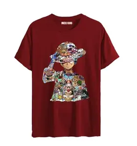 Drizzle CLICKS One Piece Monkey D Luffy Art Anime Printing T-Shirts for Men Collection | Mens Anime Tshirt | Regular Fit,Halfsleeve & Roundneck T-Shirt (S,M,L,XL,2XL Size Tshirt) (X-Large, Maroon)