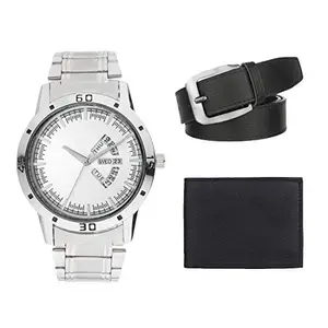 Zesta Combo Pack of Silver Stainless Steel Analogue Watch with Black Wallet and Belt