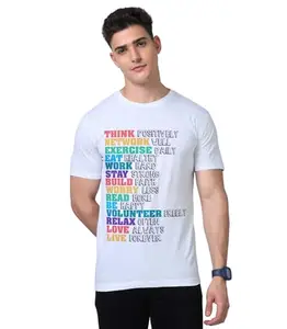 Print My Fashion Men's T-Shirt Regular Fit Round Neck Half Sleeve Combed Bio-Washed Cotton Think Love Live Motivational Graphic Printed T Shirt for Men 329 White