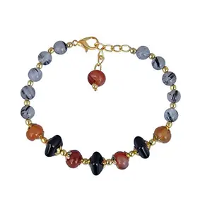 Pearlz Gallery Carnelian Quartz, Black Agate And Black Rutilated Quartz 7 Inches Beads Bracelet For Women