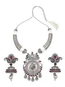 fabula Jewellery Oxidised Silver Ethnic Choker Necklace Set - Ganesh Design with Jhumka Earrings for Women & Girls Stylish Latest (NESA8_AFR1)