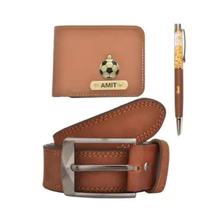 YOUR GIFT STUDIO Personalized Men's & Boys (3pcs) Combo Vegan Leather Wallet, Stylish Gold Flake Pen and Belt | Customized with Name and Charm (Tan)