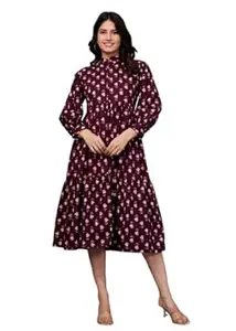 buzz basket Women Maroon Floral Midi Dress Long Sleeve Western Casual Wear