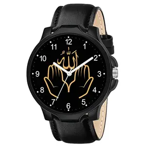 Talgo Analogue Islamic Allah Ki Dua Design Round Numeric Dial Latest Fashion Attractive Black Leather Strap Stylish Wrist Watch for Men and Boys, Pack of 1 - NUM1016BKL