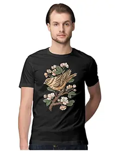 ALLEN BLACK Men's Regular Fit T-Shirt Sparrow Perched ATOP A Cherry Blossom Tree 100% Cotton T-Shirt Black_SPRWPOCMEN-Black M Men Round_