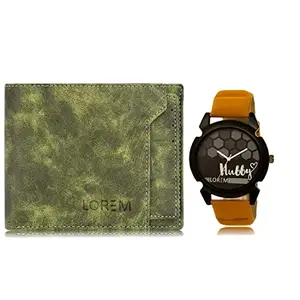 LOREM Combo of Orange Wrist Watch & Green Color Artificial Leather Wallet (Wl16-Lr32-Fz)