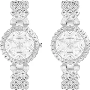 Franktime Jewellery Series Analog Watch for Women | Round Studded Dial Analogue Quartz Day Long Battery | Adjustable Bracelet Chain Strap | Double Lock Clasp Safety Watch Pack of 2