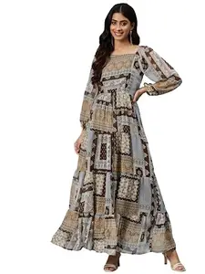 Cottinfab Women Brown Ethnic Motifs Print Puff Sleeve Georgette Maxi Dress