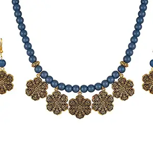 JFL - Jewellery for Less Gold Plated Floral Onyx Stone Necklace Set for Women(Bluish Grey),Valentine