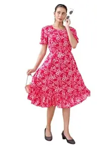 anvida Women’s Floral Printed Knee-Length Dress | Soft Fabric | Puff Sleeve Round Neck Casual Dress for Girls & Women