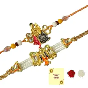DMS RETAIL Set of 2 Kundan Studded Radha Krishna Rakhi Pearl Rakhi For Brother With Roli Tilak Greetings Card