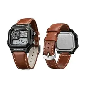 Stylish Men’s Wrist Watch – Brown Leather Band, Black Digital Dial, Chronograph & Alarm