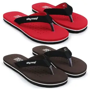Skytrap Women Red, Chocolate Nubuck Slippers Flipflop Combo of 2 (numeric 7)