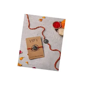 VENI Premium Designer Silver Rakhi Set 2 - Traditional Red & Yellow Mauli Thread with Antique Silver Charms for Raksha Bandhan Festival, for Brother, Sister, Bhaiya, Bhabhi with Roli Chawal (RA52)