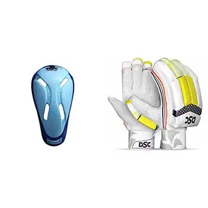 DSC Armour Cricket Abdominal Guard (Mens, Multicolour)+DSC Intense Valor Leather Cricket Batting Gloves, Mens Right (White Turquoise)