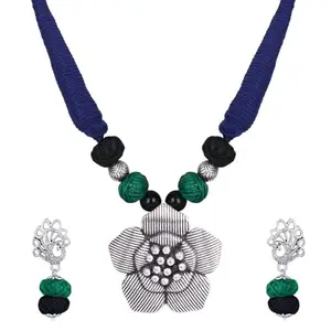 JFL - Jewellery for Less Trendy Flower Design Pendant Beaded Cotton Balls Handcrafted Necklace Set with Adjustable Thread(Black, Green)