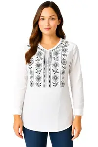 MODAFFY Women’s White Cotton Kurti Top with Black Floral Embroidery for Womans | Stylish 3/4 Sleeve Ethnic Tunic for Jeans & Leggings for Womens & Girls (in, Alpha, S, Regular, White)