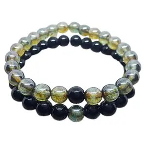 RRJEWELZ Green Quartz & Black Agate 8mm Round Smooth beads Long Distance Couples Love Friendship Combo Bracelet Set - Couples Relationship 7.5 inch Stretchable Bracelets set|RR_CPBR_128_7.5