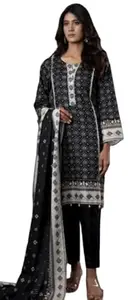 Pakistani cambric Cotton Beautiful Unstitched printed black & white Suits (D black)