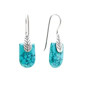 JSAJ 92.5 Sterling Silver Turquoise Stones Danglers with Carving Work Earrings for Women