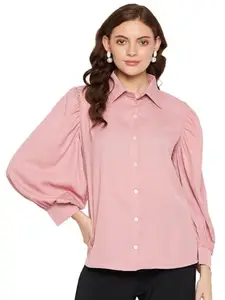 Masalli Fashion Women's Shirt Solid Pink Collar Neck Puff Sleeve Shirt